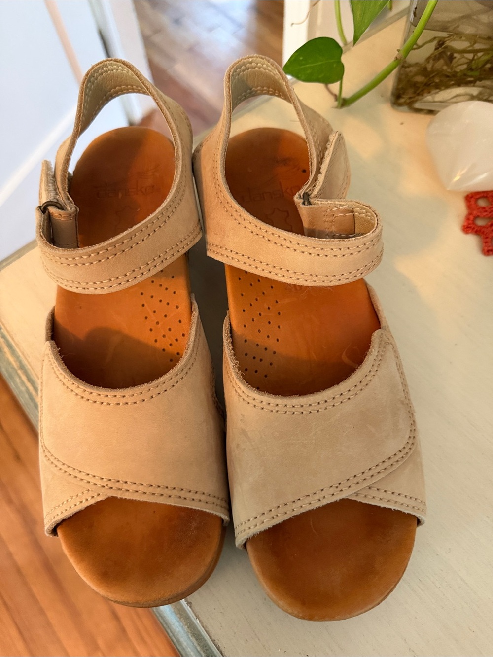 Dansko Women’s Tan Suede Open-Toe Clogs with Ankle Strap